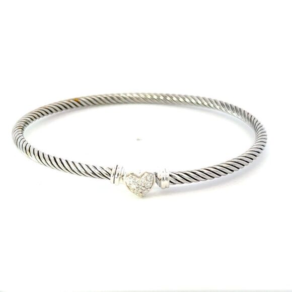 David Yurman Diamond Cuff Bracelet Size M 7.5" 3 mm Sterling Silver Estate DY642 - Picture 1 of 5